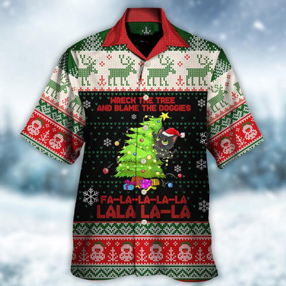 Cat Christmas Hawaiian Shirt For Summer, Funny Cat Ugly Style, Cat Wreck The Tree And Blame The Doggies Hawaiian Shirts Outfit For Men Women - Amzanimalsgift