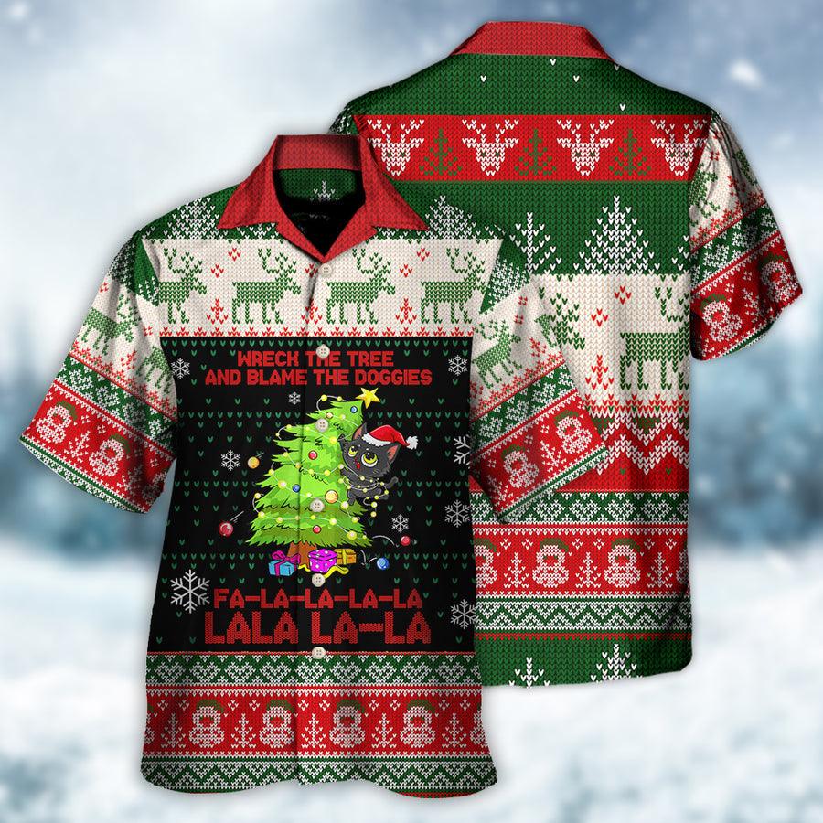 Cat Christmas Hawaiian Shirt For Summer, Funny Cat Ugly Style, Cat Wreck The Tree And Blame The Doggies Hawaiian Shirts Outfit For Men Women - Amzanimalsgift