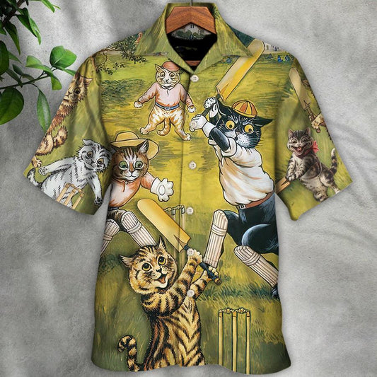 Cat Cricket Hawaiian Shirt For Summer, Cat Play Cricket Funny We Love Cricket Hawaiian Shirts Outfit For Men Women, Friend, Team, Cat Lovers - Amzanimalsgift