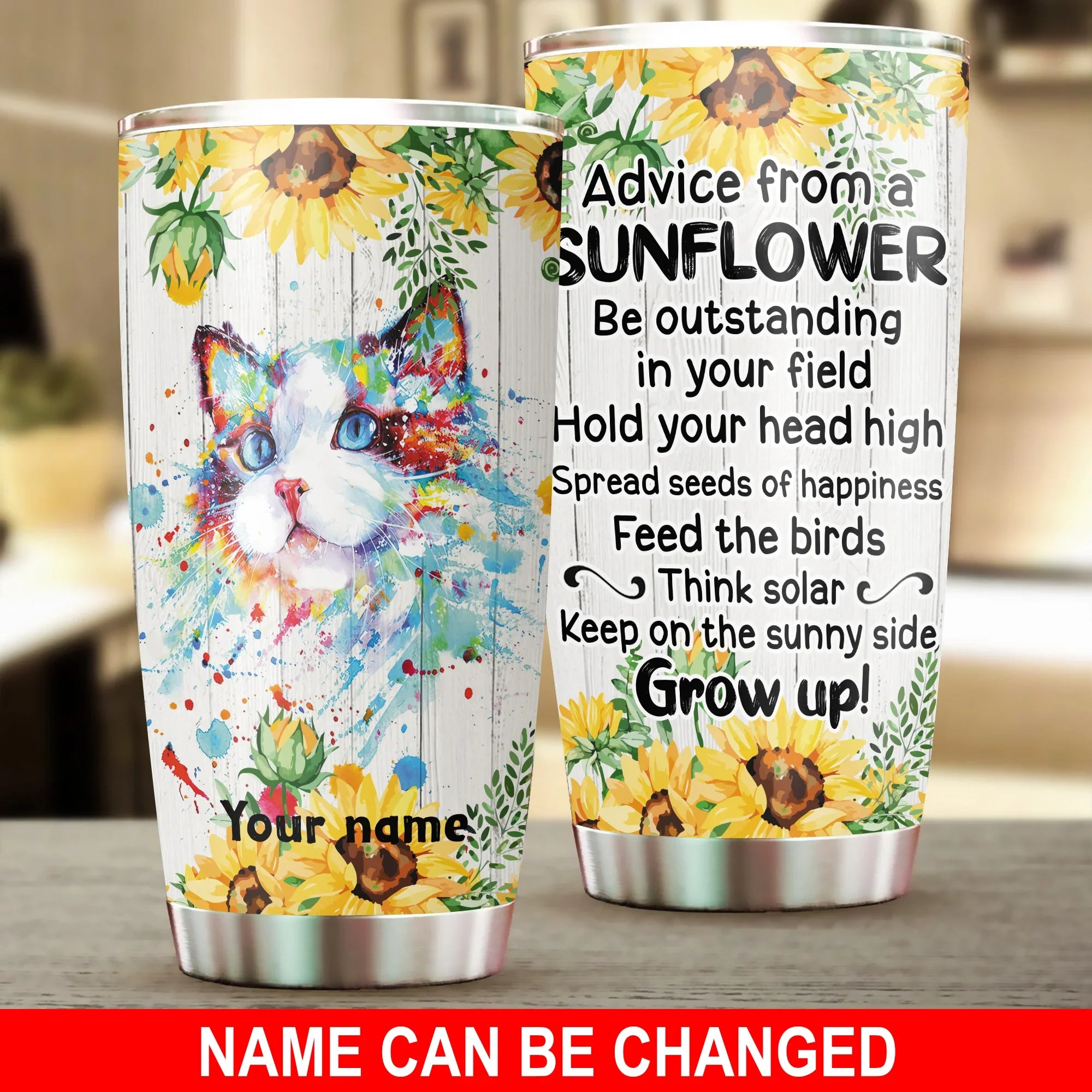 Cat Custom Name Tumbler, Cat Art Watercolor, Advice From A Sunflower, Personalized Gift for Cat Lovers, Cat Mom Dad, Mother's Day, Couples - Amzanimalsgift