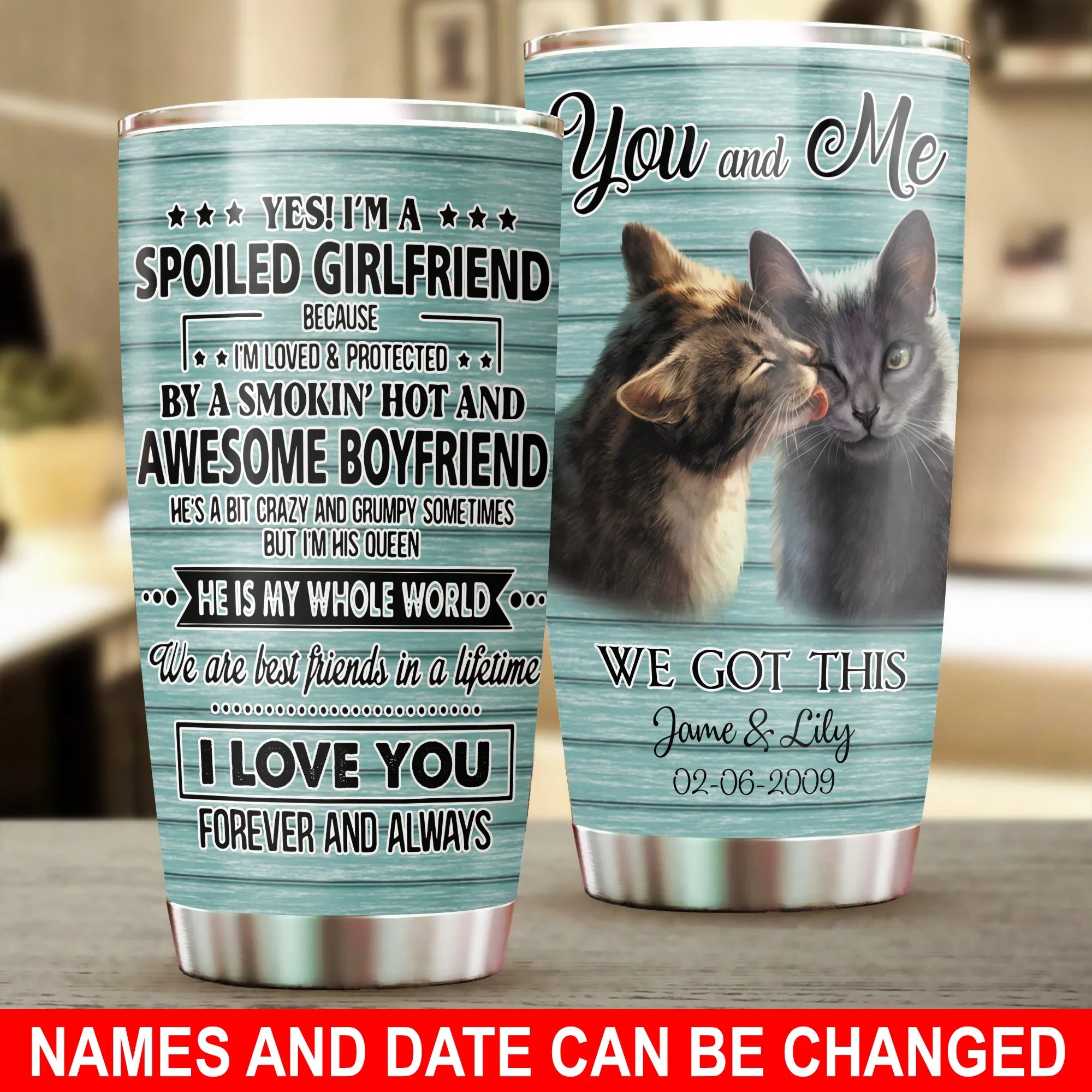 Cat Custom Name Tumbler, Cute Cat Couple, You And Me We Got This, Personalized Gift for Cat Lovers, Cat Mom Dad, Mother's Day, Couples - Amzanimalsgift