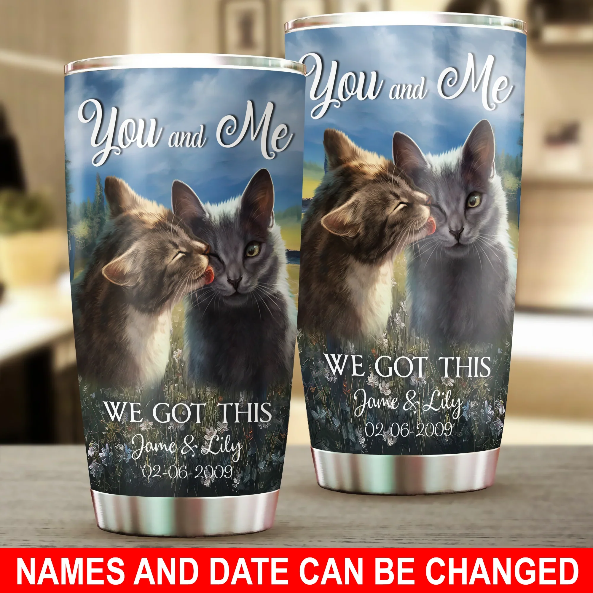 Cat Custom Name Tumbler, Cute Cat Couple, You And Me We Got This, Personalized Gift for Cat Lovers, Cat Mom Dad, Mother's Day, Couples, Husband, Wife - Amzanimalsgift