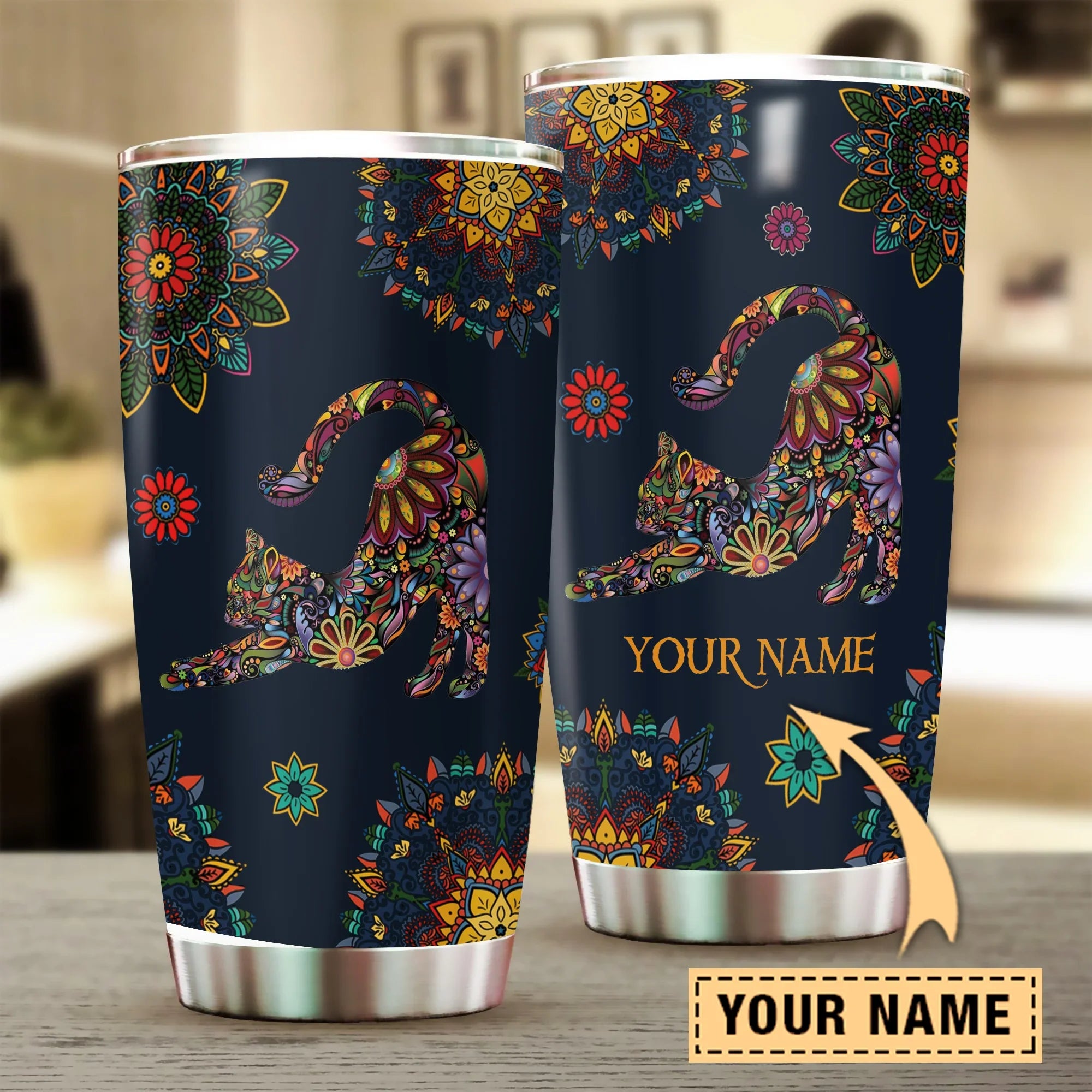 Cat Custom Name Tumbler, Hippie Boho Vintage Pattern, Personalized Gift for Cat Lovers, Cat Mom Dad, Mother's Day - Amzanimalsgift