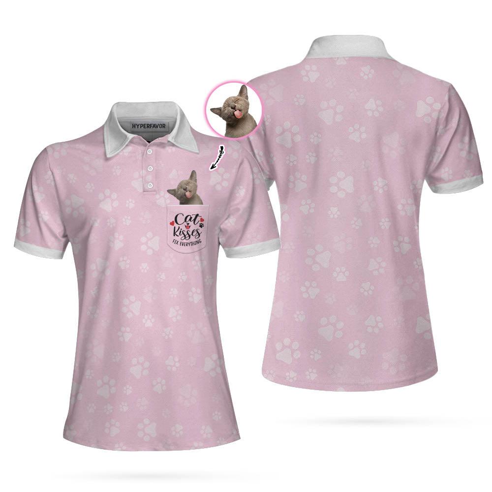 Cat Custom Photo Women Polo Shirt, Pink Cat Mom, Cat Kisses Fix Everything Personalized Women Polo Shirts, Gift For Cat Lovers, Ladies, Cat Mom - Amzanimalsgift