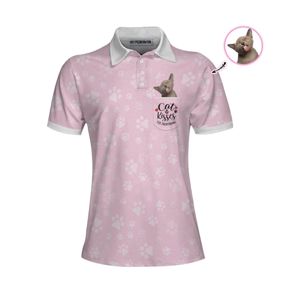 Cat Custom Photo Women Polo Shirt, Pink Cat Mom, Cat Kisses Fix Everything Personalized Women Polo Shirts, Gift For Cat Lovers, Ladies, Cat Mom - Amzanimalsgift
