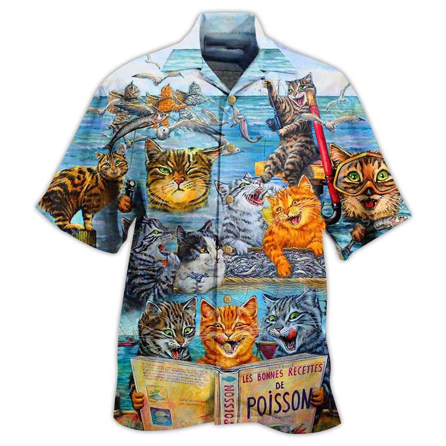 Cat Fishing Aloha Hawaiian Shirt For Summer, Cat Taught Man To Fish And Bring It To Them Hawaiian Shirts Outfit For Men Women, Friend, Cat Lovers - Amzanimalsgift