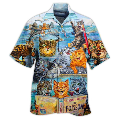 Cat Fishing Aloha Hawaiian Shirt For Summer, Cat Taught Man To Fish And Bring It To Them Hawaiian Shirts Outfit For Men Women, Friend, Cat Lovers - Amzanimalsgift