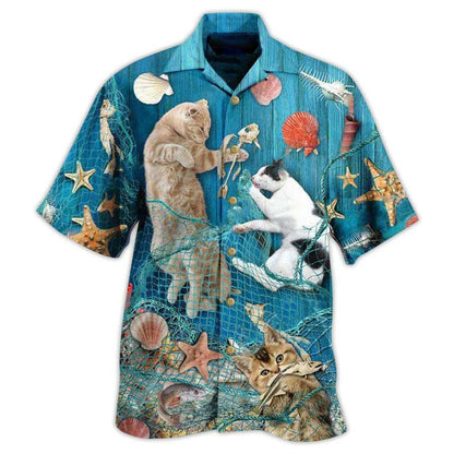 Cat Fishing Hawaiian Shirt For Summer, Cat Lazy On Beach Hawaiian Shirts Outfit For Men Women, Friend, Team, Cat Lovers - Amzanimalsgift