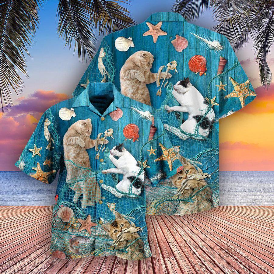 Cat Fishing Hawaiian Shirt For Summer, Cat Lazy On Beach Hawaiian Shirts Outfit For Men Women, Friend, Team, Cat Lovers - Amzanimalsgift