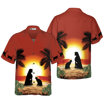 Cat Hawaiian Shirt, Cat And Dog Sunset Aloha Shirt For Men - Perfect Gift For Men, Cat Lovers, Dog Lovers, Husband, Boyfriend, Friend, Family - Amzanimalsgift