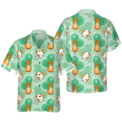Cat Hawaiian Shirt, Cat Love And Free Aloha Shirt For Men - Perfect Gift For Men, Cat Lovers, Dog Lovers, Husband, Boyfriend, Friend, Family - Amzanimalsgift