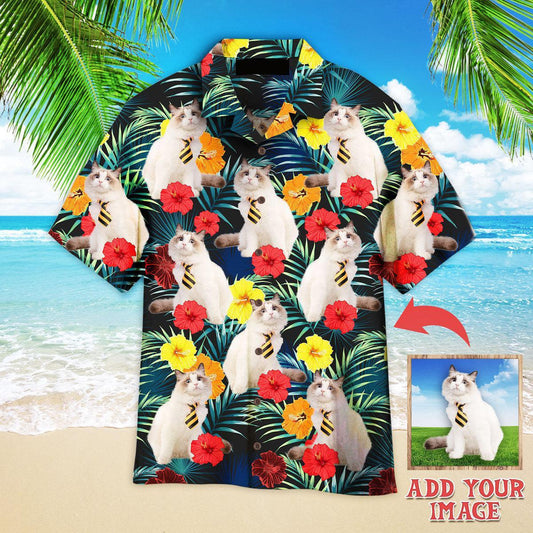 Cat Hawaiian Shirt Custom Photo, Funny White Cat Sitting Beside Tropical Floral Personalized Hawaiian Shirt - Gift For Cat Lovers, Family, Friends - Amzanimalsgift