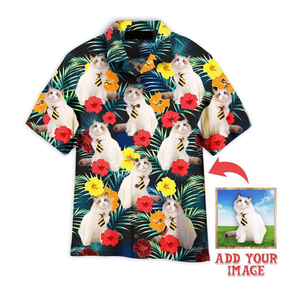 Cat Hawaiian Shirt Custom Photo, Funny White Cat Sitting Beside Tropical Floral Personalized Hawaiian Shirt - Gift For Cat Lovers, Family, Friends - Amzanimalsgift