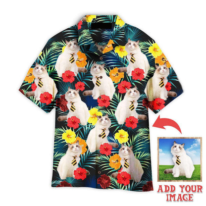 Cat Hawaiian Shirt Custom Photo, Funny White Cat Sitting Beside Tropical Floral Personalized Hawaiian Shirt - Gift For Cat Lovers, Family, Friends - Amzanimalsgift