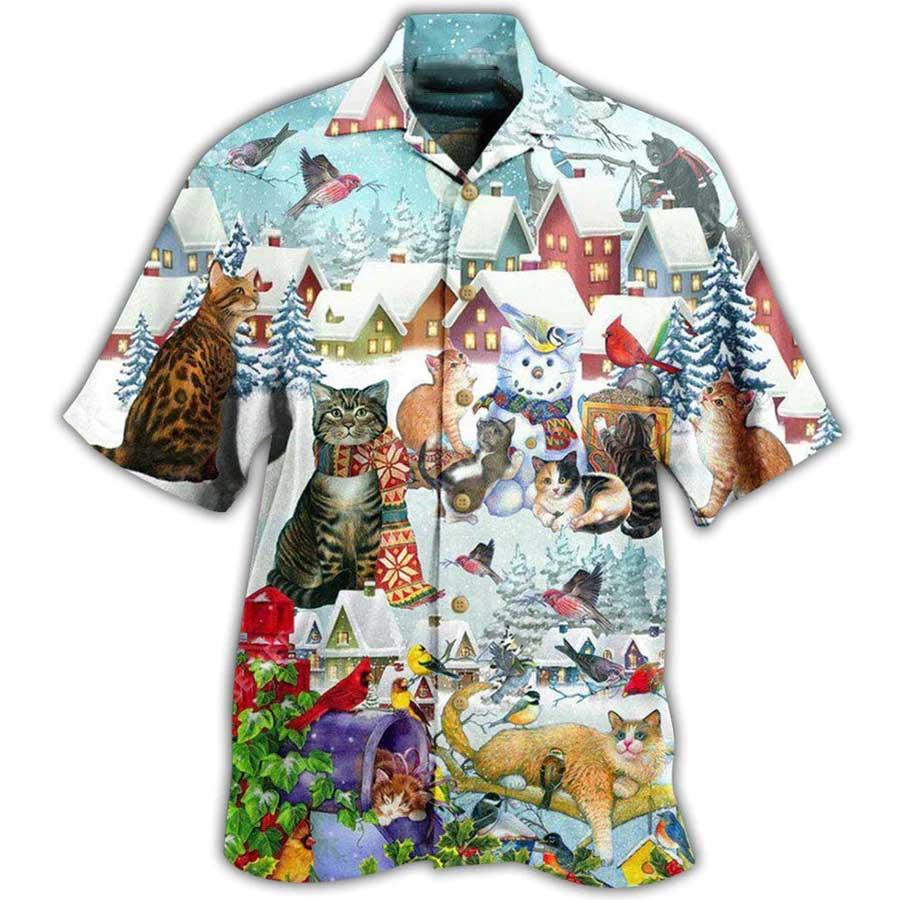 Cat Hawaiian Shirt For Summer, Bird In Winter, Best Colorful Cat Hawaiian Shirts Outfit For Men Women, Friend, Team, Cat Lovers - Amzanimalsgift