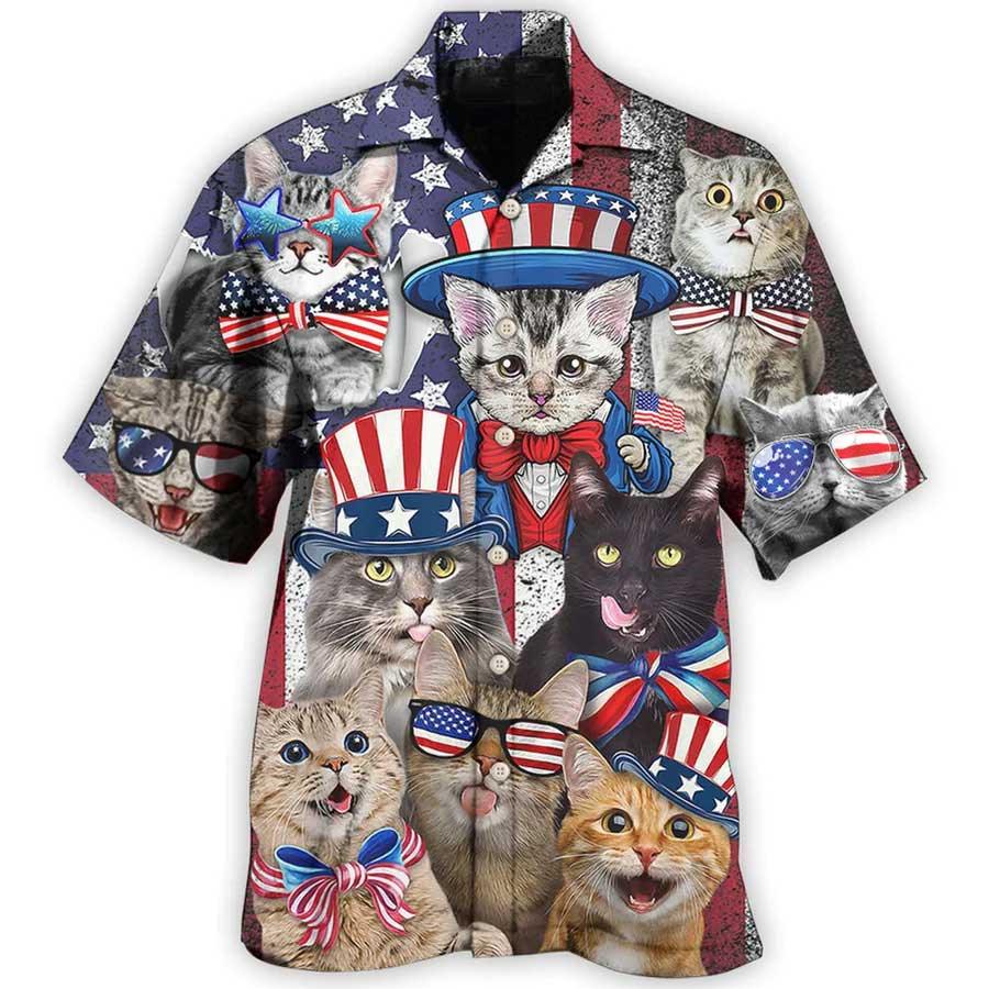 Cat Hawaiian Shirt For Summer, Cat American Flag Independence, Best Cat Hawaiian Shirts Outfit For Men Women, Friend, Cat Lover, 4th July - Amzanimalsgift