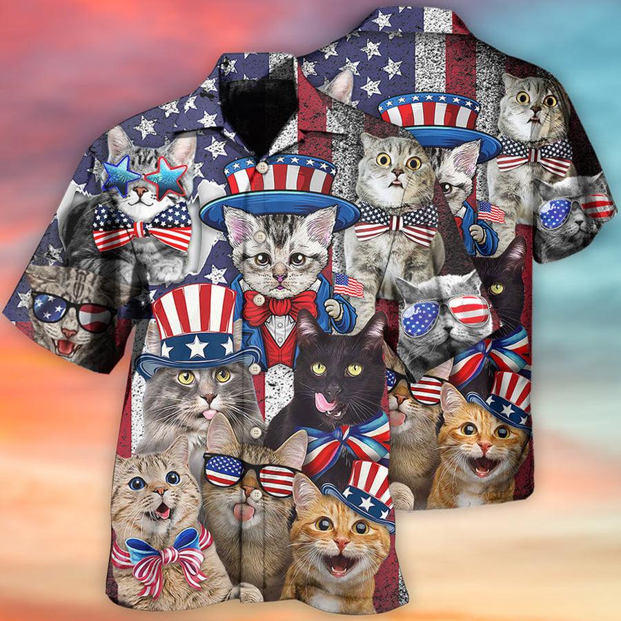 Cat Hawaiian Shirt For Summer, Cat American Flag Independence, Best Cat Hawaiian Shirts Outfit For Men Women, Friend, Cat Lover, 4th July - Amzanimalsgift