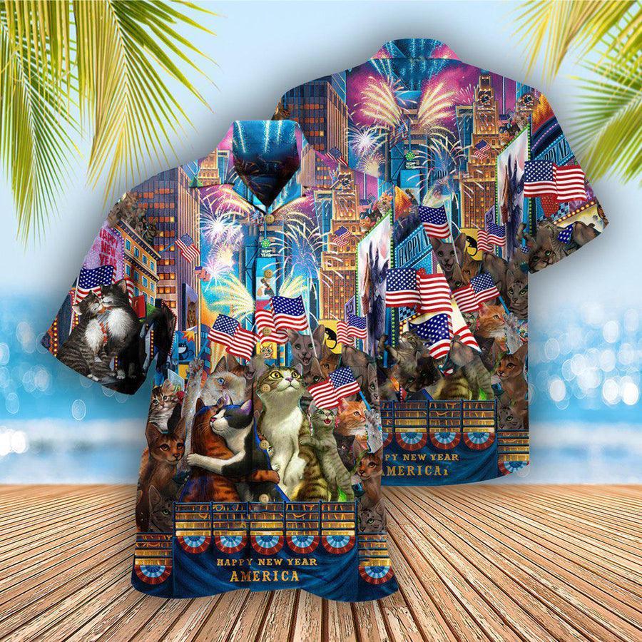 Cat Hawaiian Shirt For Summer, Cat American Flag, Lets Countdown Hawaiian Shirts Outfit For Men Women, Cat Lovers, Happy New Year America - Amzanimalsgift