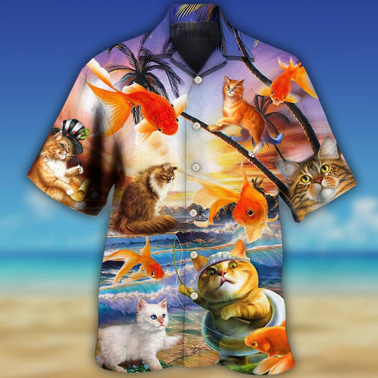 Cat Hawaiian Shirt For Summer, Cat Catches Fish Style, Best Colorful Cool Cat Hawaiian Shirts Outfit For Men Women, Friend, Team, Cat Lover - Amzanimalsgift