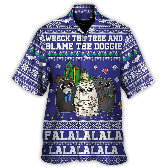 Cat Hawaiian Shirt For Summer, Cat Christmas Ugly Pattern Aloha Shirts, Cat Wreck The Tree And Blame The Doggies Hawaiian Shirts Outfit For Men Women - Amzanimalsgift