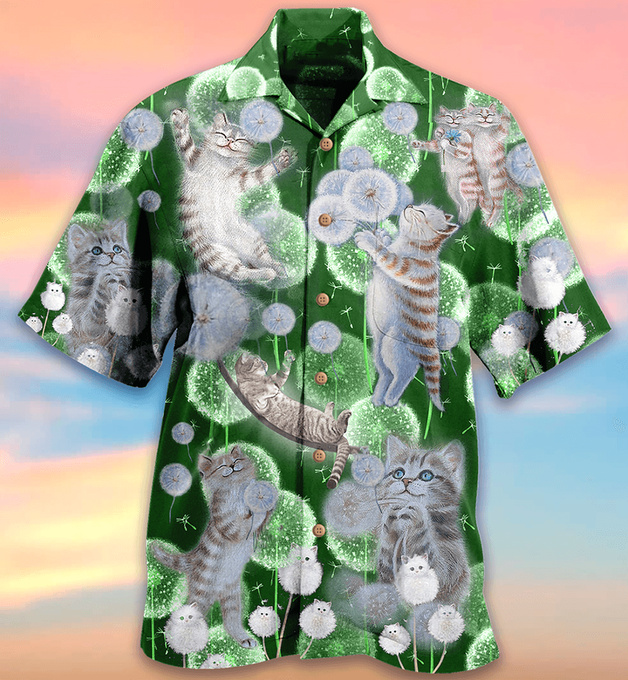 Cat Hawaiian Shirt For Summer, Cat Dandelions Happiness Love Dream Hawaiian Shirts Outfit For Men Women, Friend, Team, Cat Lovers - Amzanimalsgift