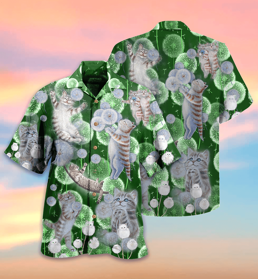 Cat Hawaiian Shirt For Summer, Cat Dandelions Happiness Love Dream Hawaiian Shirts Outfit For Men Women, Friend, Team, Cat Lovers - Amzanimalsgift