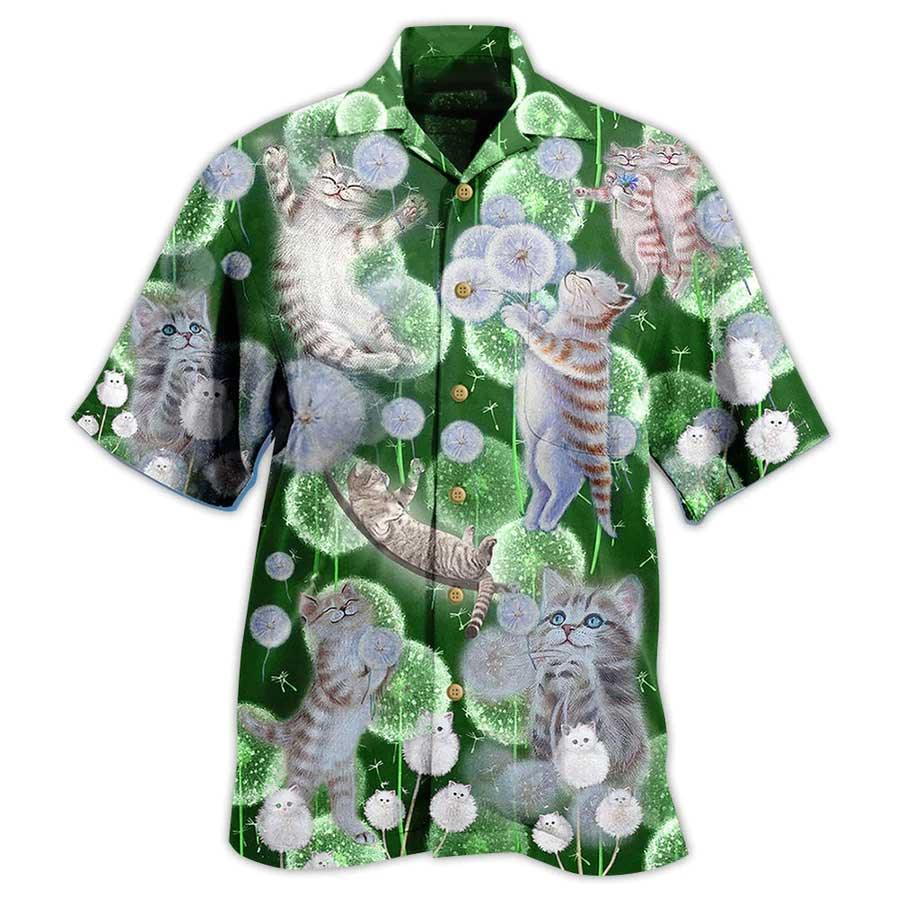 Cat Hawaiian Shirt For Summer, Cat Dandelions Happiness Love Dream Hawaiian Shirts Outfit For Men Women, Friend, Team, Cat Lovers - Amzanimalsgift