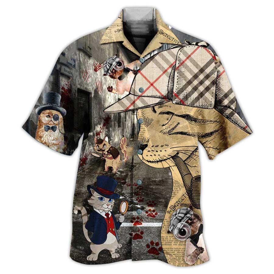 Cat Hawaiian Shirt For Summer, Cat Detective, Best Colorful Cat Hawaiian Shirts Outfit For Men Women, Friend, Cat Lovers - Amzanimalsgift