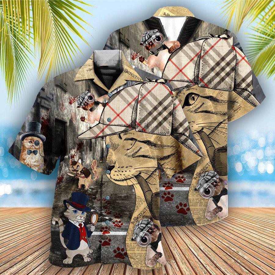 Cat Hawaiian Shirt For Summer, Cat Detective, Best Colorful Cat Hawaiian Shirts Outfit For Men Women, Friend, Cat Lovers - Amzanimalsgift