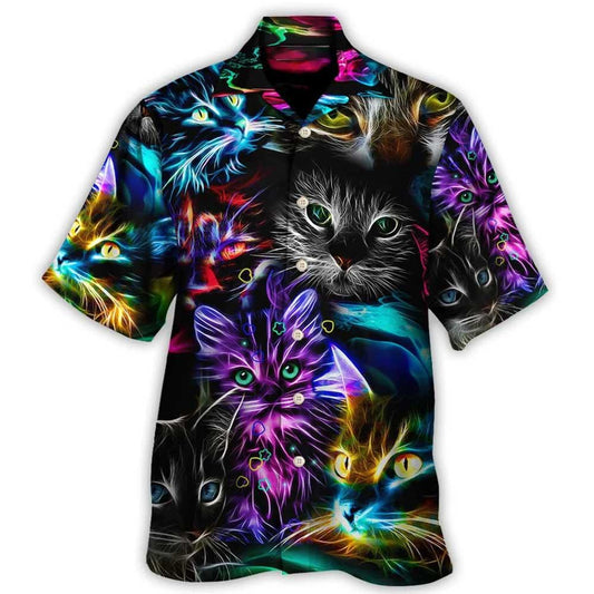 Cat Hawaiian Shirt For Summer, Cat Funny Neon Light Colorful Style Aloha Shirts - Perfect Gift For Men Women, Friend, Cat Lovers - Amzanimalsgift