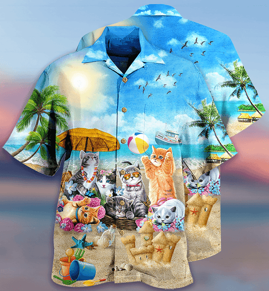 Cat Hawaiian Shirt For Summer, Cat Happy Love Beach Sunshine Aloha Shirts, Colorful Cool Cat Hawaiian Shirts Outfit For Men Women, Friend, Team, Cat Lovers - Amzanimalsgift