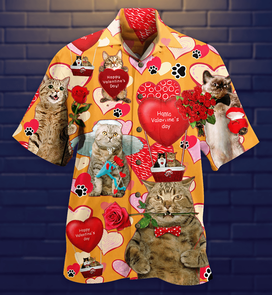 Cat Hawaiian Shirt For Summer, Cat Happy Valentine' Day Aloha Shirt - Perfect Gift For Men Women, Friend, Team, Cat Lover, Valentine Gift - Amzanimalsgift