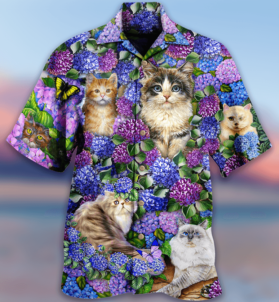 Cat Hawaiian Shirt For Summer, Cat In Hydrangea Garden Aloha Shirts - Best Cool Cat Hawaiian Shirts Outfit For Men Women, Friend, Team, Cat Lovers - Amzanimalsgift