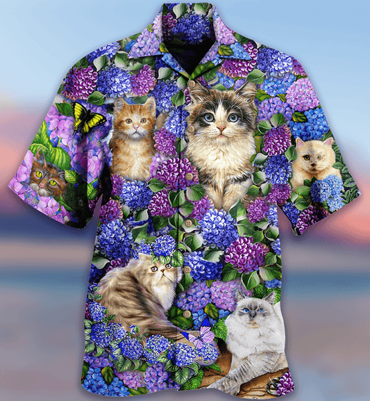 Cat Hawaiian Shirt For Summer, Cat In Hydrangea Garden Aloha Shirts - Best Cool Cat Hawaiian Shirts Outfit For Men Women, Friend, Team, Cat Lovers - Amzanimalsgift