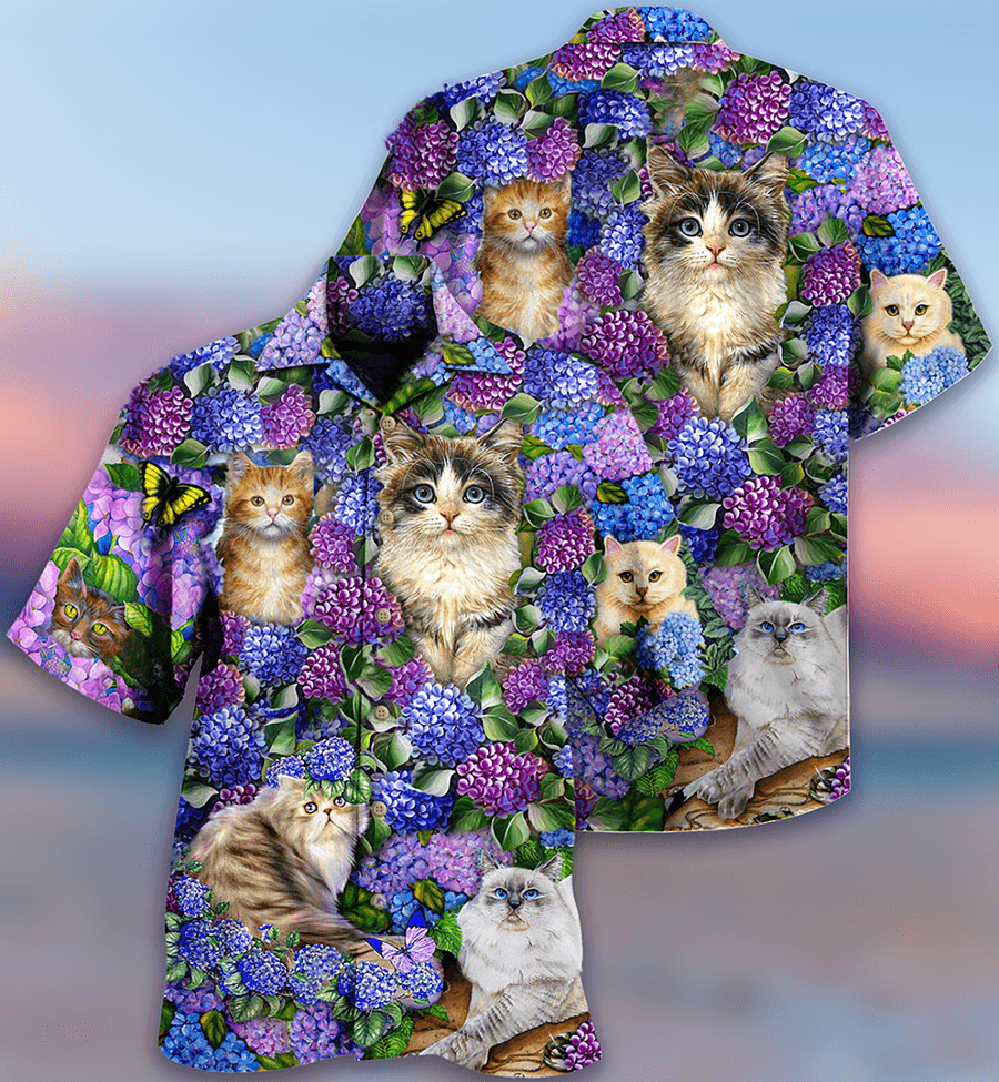 Cat Hawaiian Shirt For Summer, Cat In Hydrangea Garden Aloha Shirts - Best Cool Cat Hawaiian Shirts Outfit For Men Women, Friend, Team, Cat Lovers - Amzanimalsgift