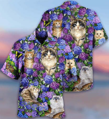 Cat Hawaiian Shirt For Summer, Cat In Hydrangea Garden Aloha Shirts - Best Cool Cat Hawaiian Shirts Outfit For Men Women, Friend, Team, Cat Lovers - Amzanimalsgift