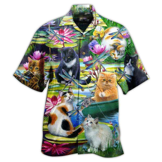 Cat Hawaiian Shirt For Summer, Cat In Lily Lake, Best Colorful Cool Cat Hawaiian Shirts Outfit For Men Women, Friend, Team, Cat Lover - Amzanimalsgift