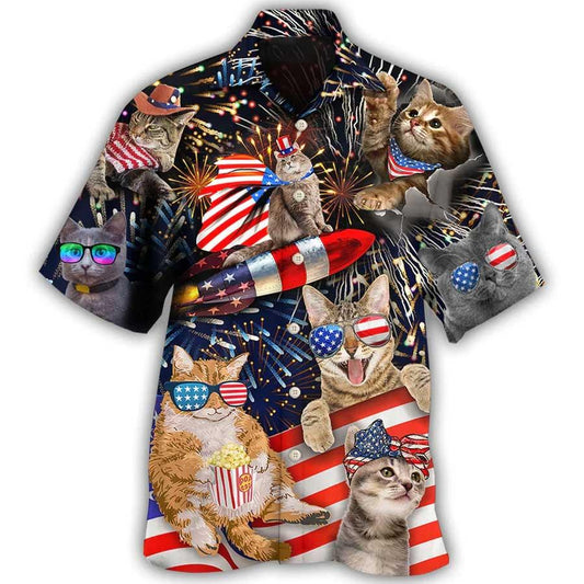 Cat Hawaiian Shirt For Summer, Cat Independence Day Happy Firework Aloha Shirts- Best Gift For Men Women, Friend, Cat Lover, 4th July - Amzanimalsgift