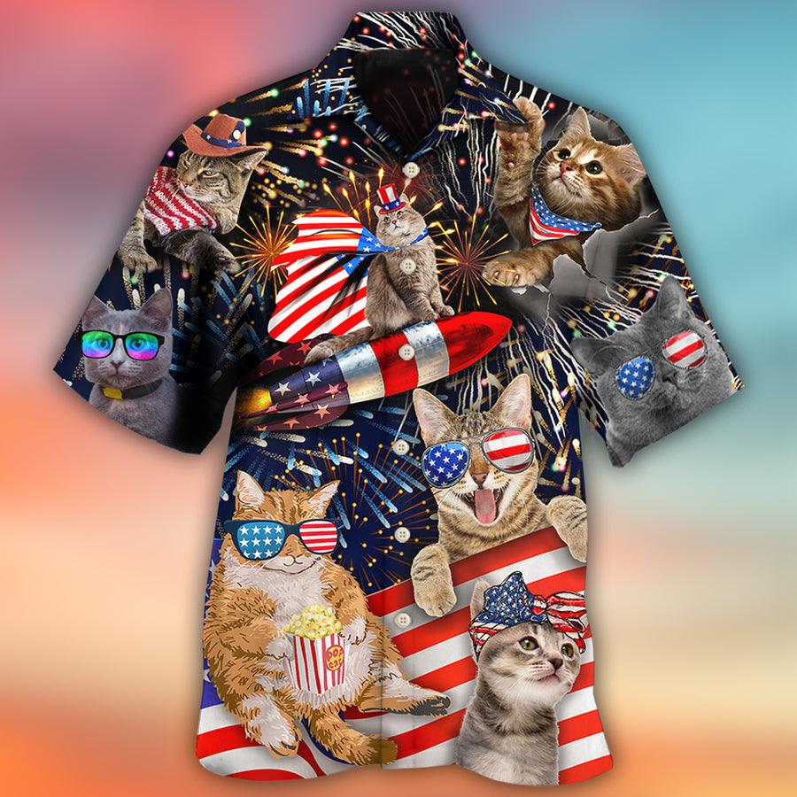 Cat Hawaiian Shirt For Summer, Cat Independence Day Happy Firework Aloha Shirts- Best Gift For Men Women, Friend, Cat Lover, 4th July - Amzanimalsgift