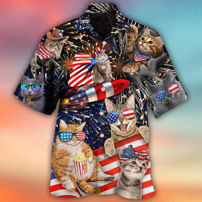 Cat Hawaiian Shirt For Summer, Cat Independence Day Happy Firework Aloha Shirts- Best Gift For Men Women, Friend, Cat Lover, 4th July - Amzanimalsgift