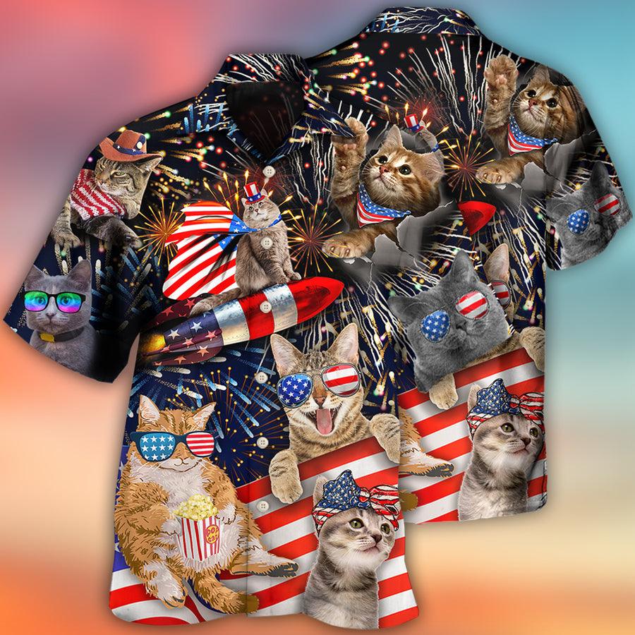 Cat Hawaiian Shirt For Summer, Cat Independence Day Happy Firework Aloha Shirts- Best Gift For Men Women, Friend, Cat Lover, 4th July - Amzanimalsgift