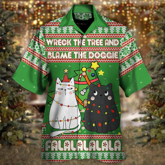 Cat Hawaiian Shirt For Summer, Cat Meowy Christmas Aloha Shirts, Cat Wreck The Tree And Blame The Doggies Hawaiian Shirts For Men Women, Cat Lovers - Amzanimalsgift