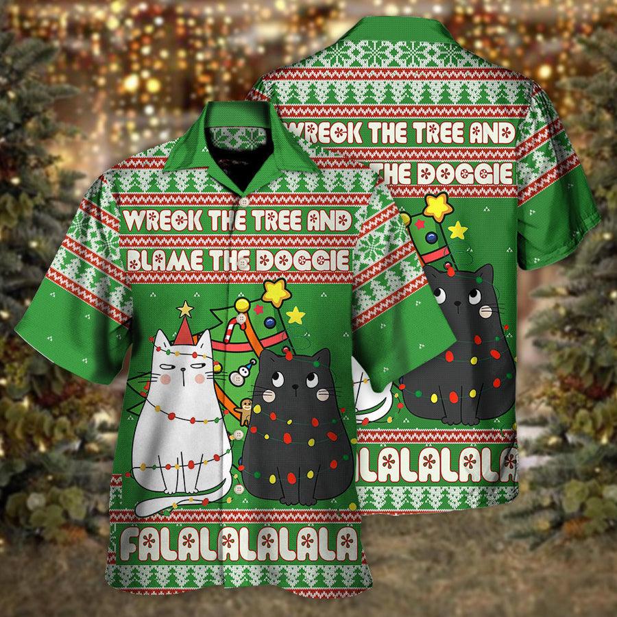 Cat Hawaiian Shirt For Summer, Cat Meowy Christmas Aloha Shirts, Cat Wreck The Tree And Blame The Doggies Hawaiian Shirts For Men Women, Cat Lovers - Amzanimalsgift