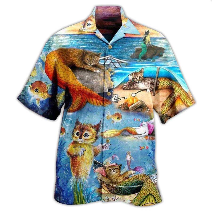 Cat Hawaiian Shirt For Summer, Cat Mermaid Off Sleeping Aloha Shirts, Best Cool Cat Hawaiian Shirts Outfit For Men Women, Friend, Team, Cat Lovers - Amzanimalsgift