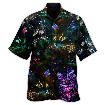 Cat Hawaiian Shirt For Summer, Cat Neon Aloha Shirts, Best Colorful Cool Cat Hawaiian Shirts Outfit For Men Women, Friend, Team, Cat Lovers - Amzanimalsgift