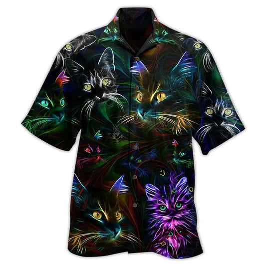 Cat Hawaiian Shirt For Summer, Cat Neon Aloha Shirts, Best Colorful Cool Cat Hawaiian Shirts Outfit For Men Women, Friend, Team, Cat Lovers - Amzanimalsgift
