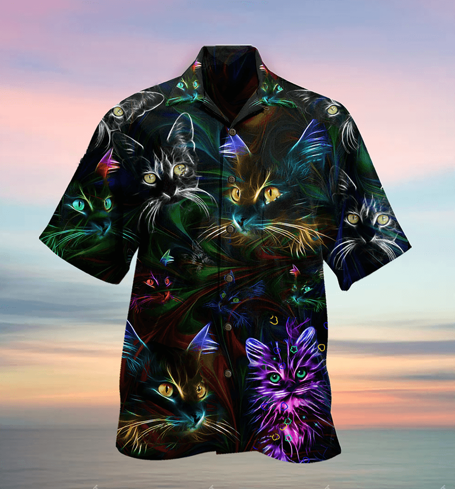 Cat Hawaiian Shirt For Summer, Cat Neon Aloha Shirts, Best Colorful Cool Cat Hawaiian Shirts Outfit For Men Women, Friend, Team, Cat Lovers - Amzanimalsgift