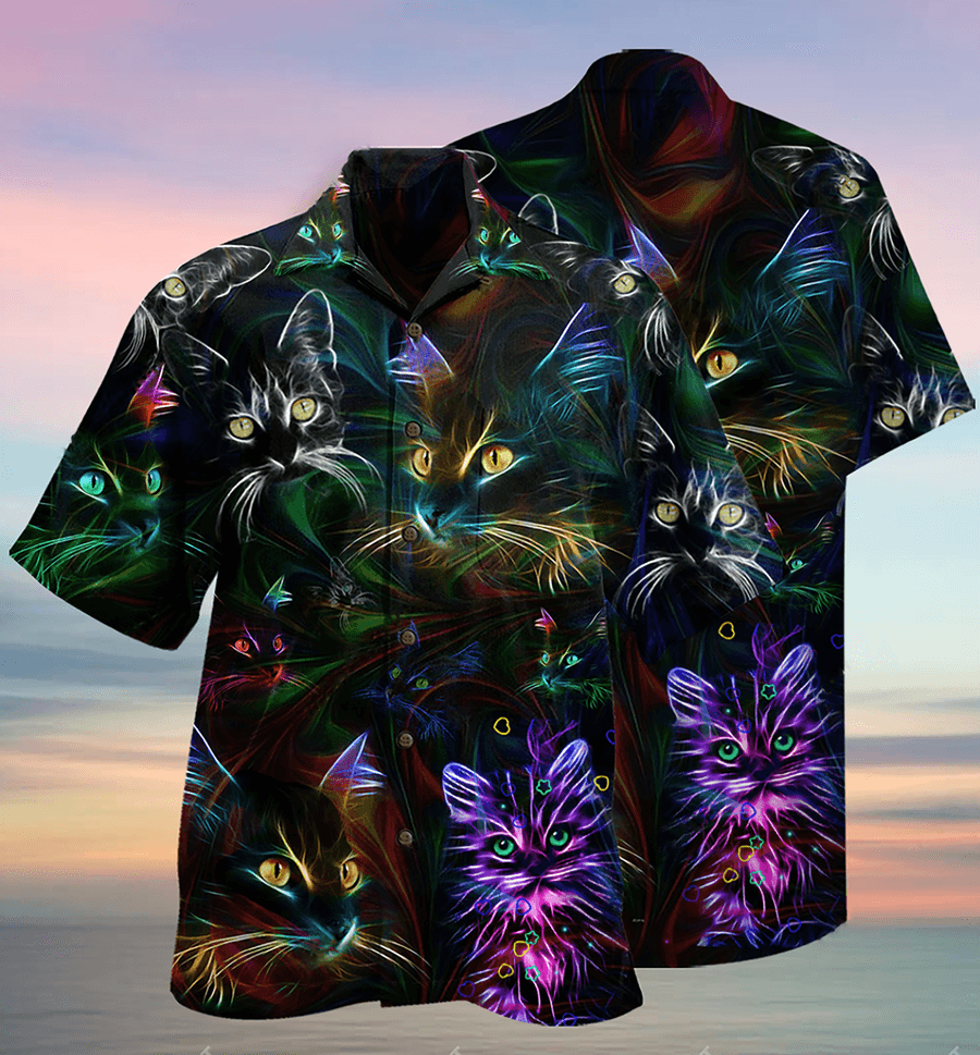 Cat Hawaiian Shirt For Summer, Cat Neon Aloha Shirts, Best Colorful Cool Cat Hawaiian Shirts Outfit For Men Women, Friend, Team, Cat Lovers - Amzanimalsgift