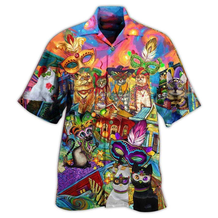 Cat Hawaiian Shirt For Summer, Cat Prom Lets Go Down Street Celebrate The Mardi Gras Festival Hawaiian Shirts Outfit For Men Women, Cat Lover - Amzanimalsgift
