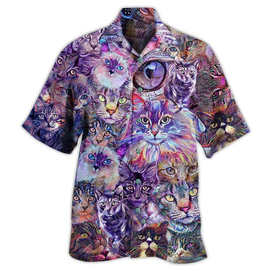 Cat Hawaiian Shirt For Summer, Cat Psychedelic Purple Aloha Shirts, Colorful Cool Cat Hawaiian Shirts Outfit For Men Women, Friend, Team, Cat Lovers - Amzanimalsgift